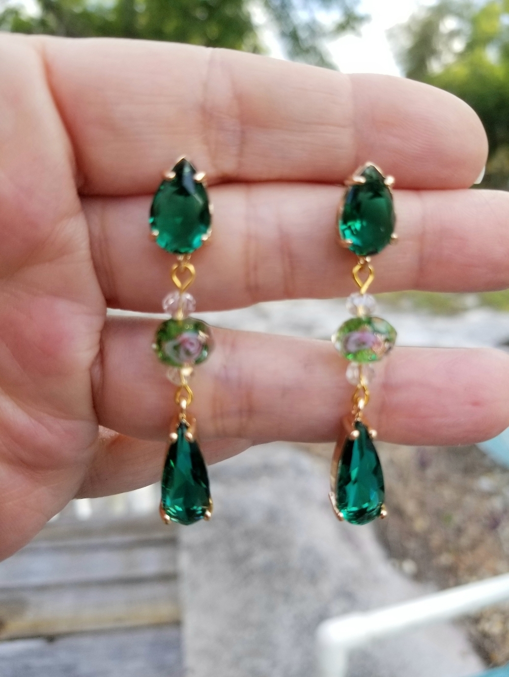 14k Gold Lampwork Glass Beaded Emerald Stud Dangle Earrings - Picture 3 of 7
